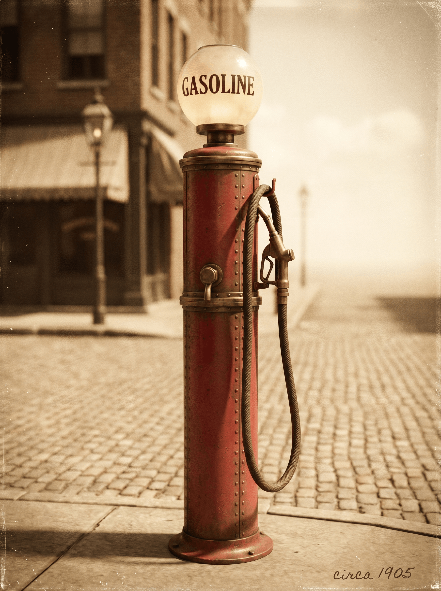 A sepia-toned archival photograph of a 1905-era curbside gasoline pump