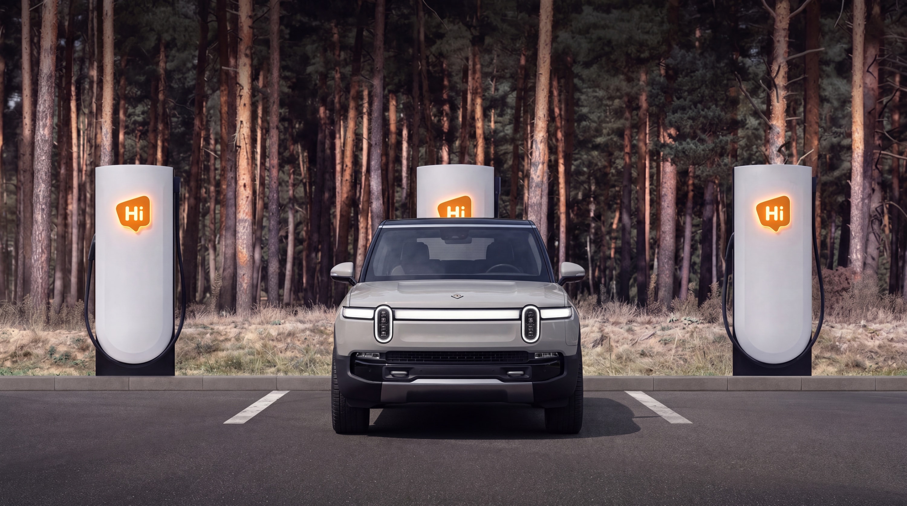 A light grey Rivian R1S parked between two HiON pillars on a pine-forest road, each wearing the glowing orange Hi badge