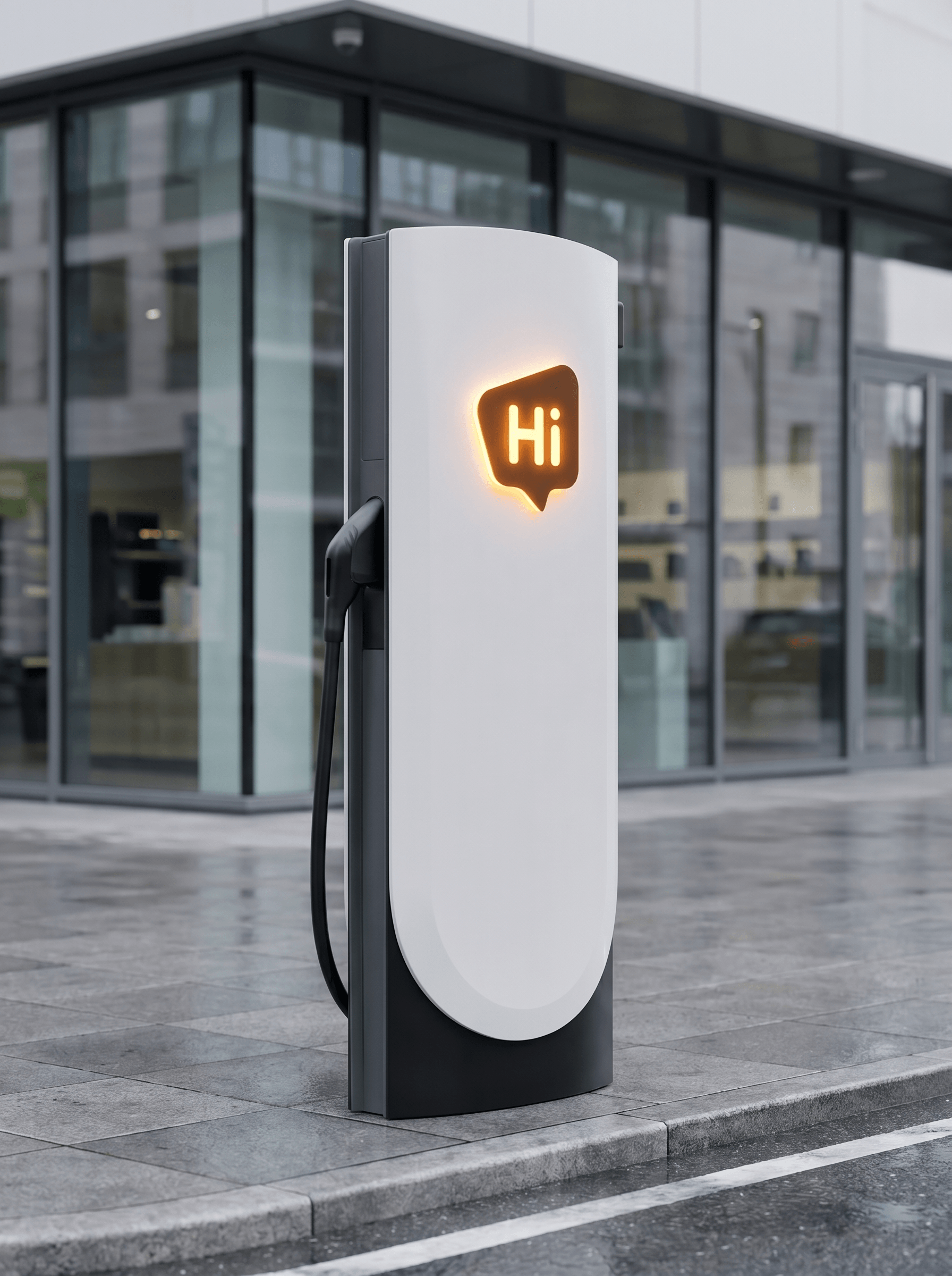 A matched documentary photograph of a modern HiON-branded EV charging pillar