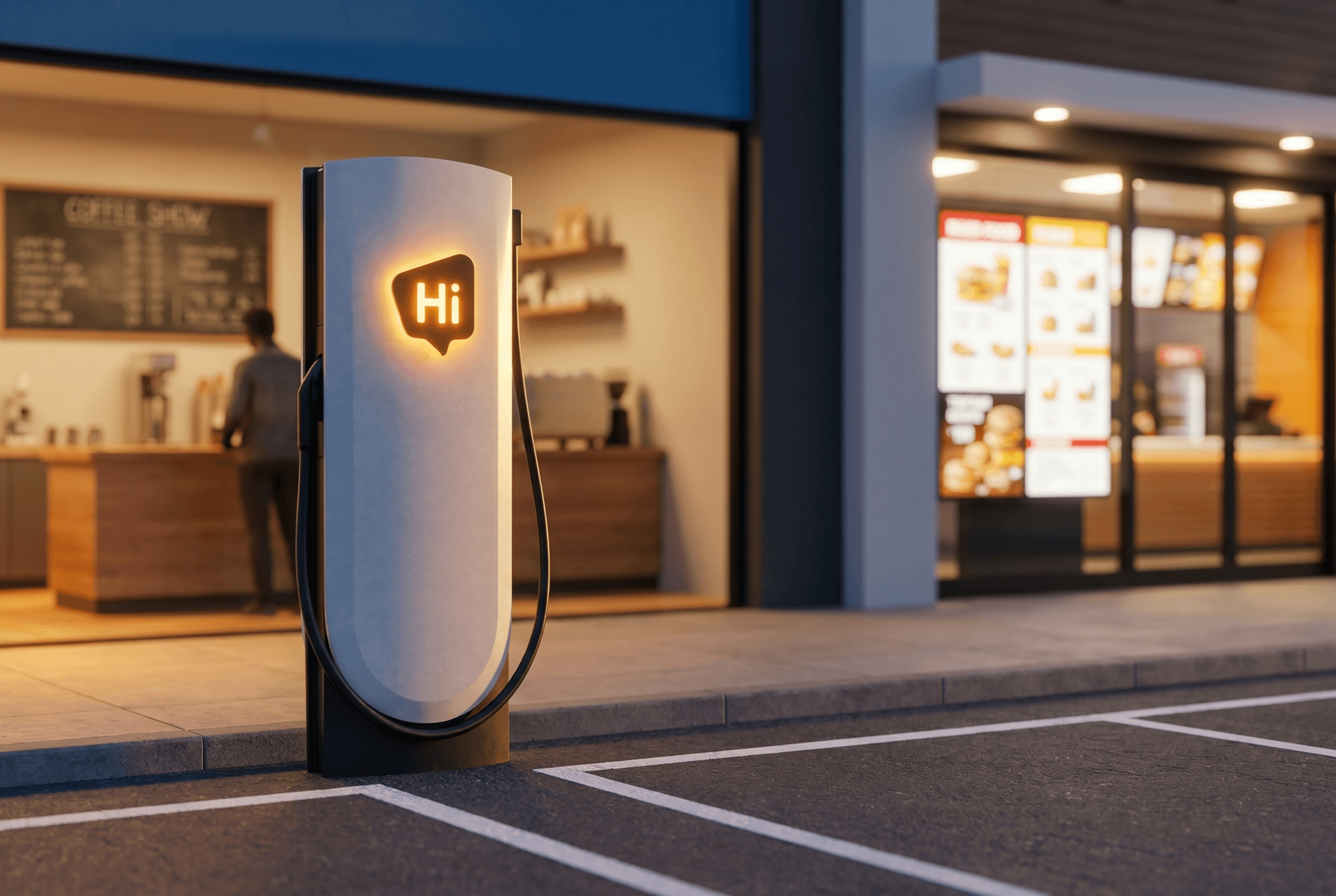 A HiON pillar at a retail forecourt, Hi badge glowing