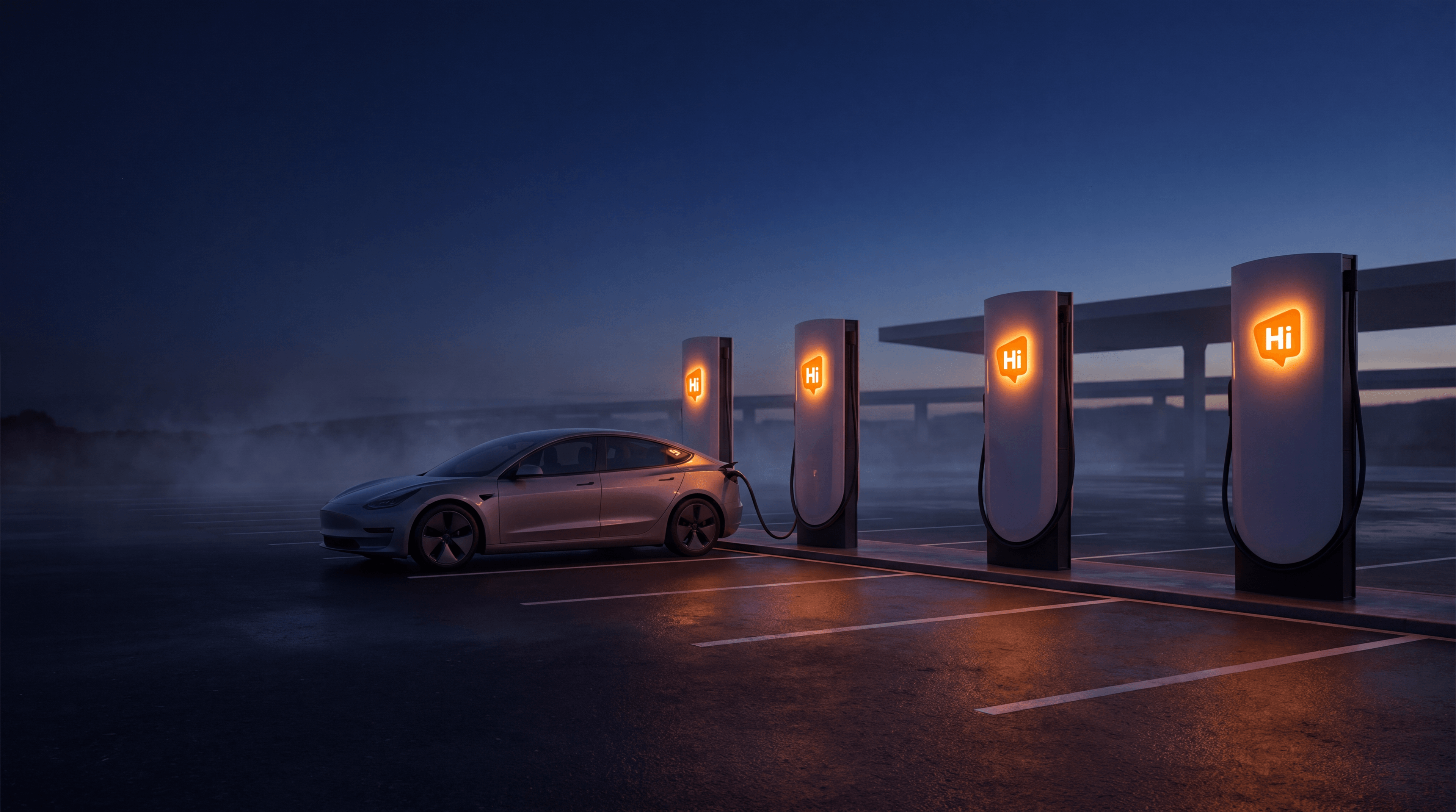 A HiON station at dusk, chargers with glowing Hi badges