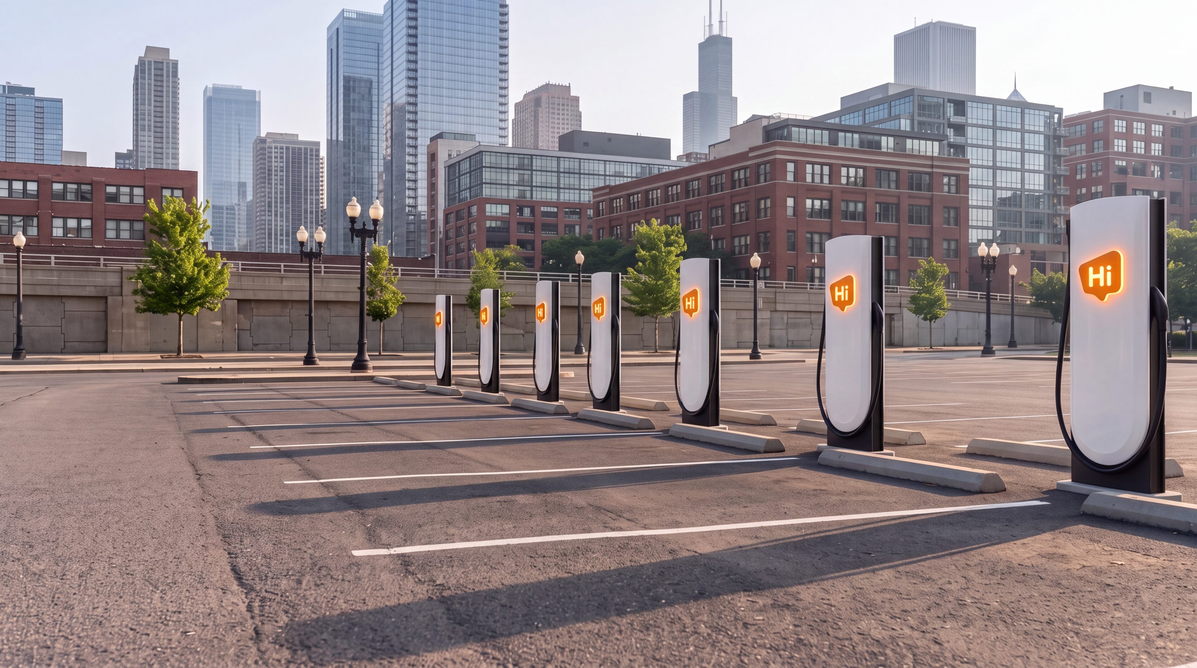 A row of HiON charging pillars along an open city parking lot, with a downtown skyline behind them in morning light