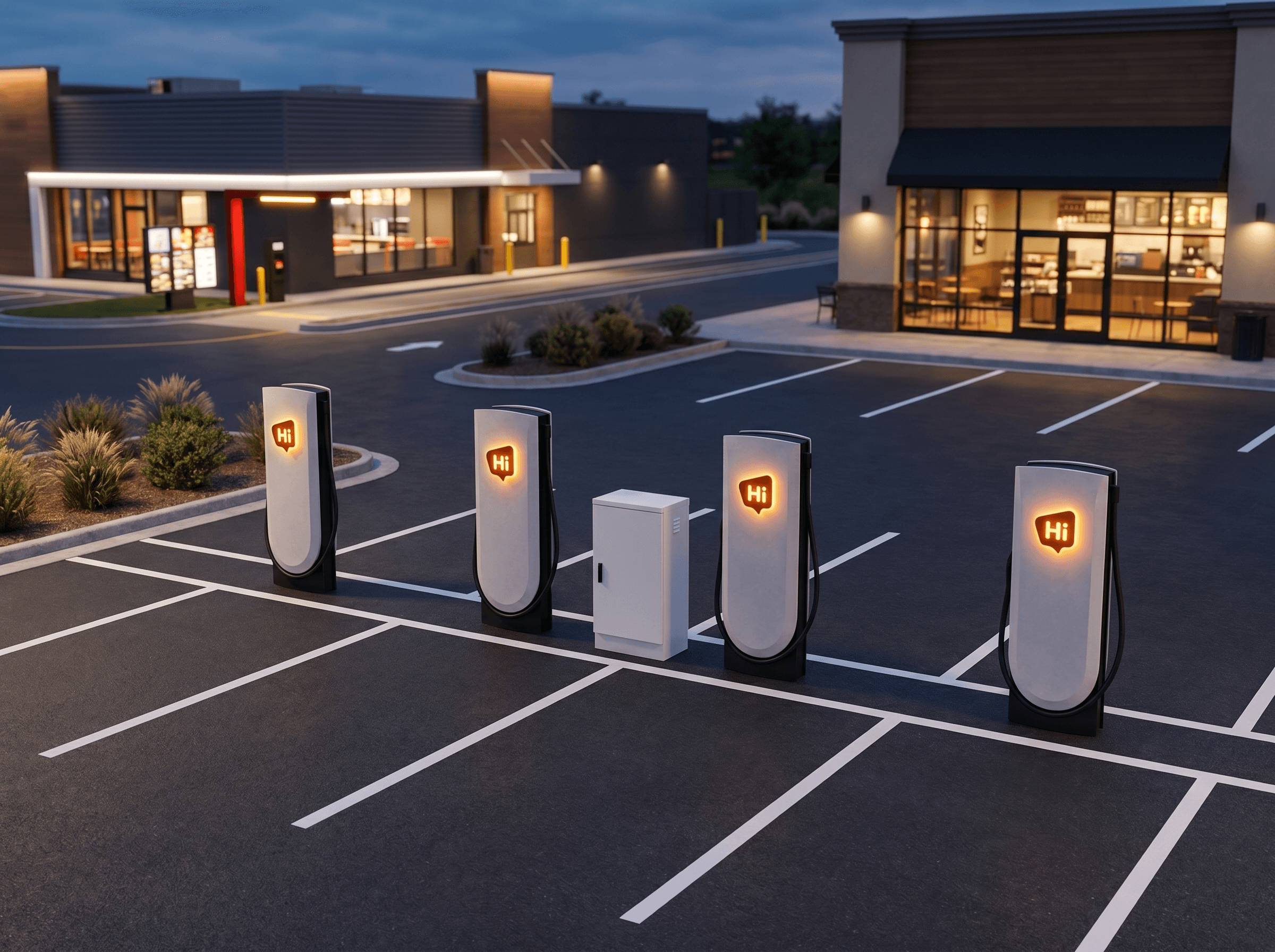 Four HiON pillars on a retail forecourt at dusk