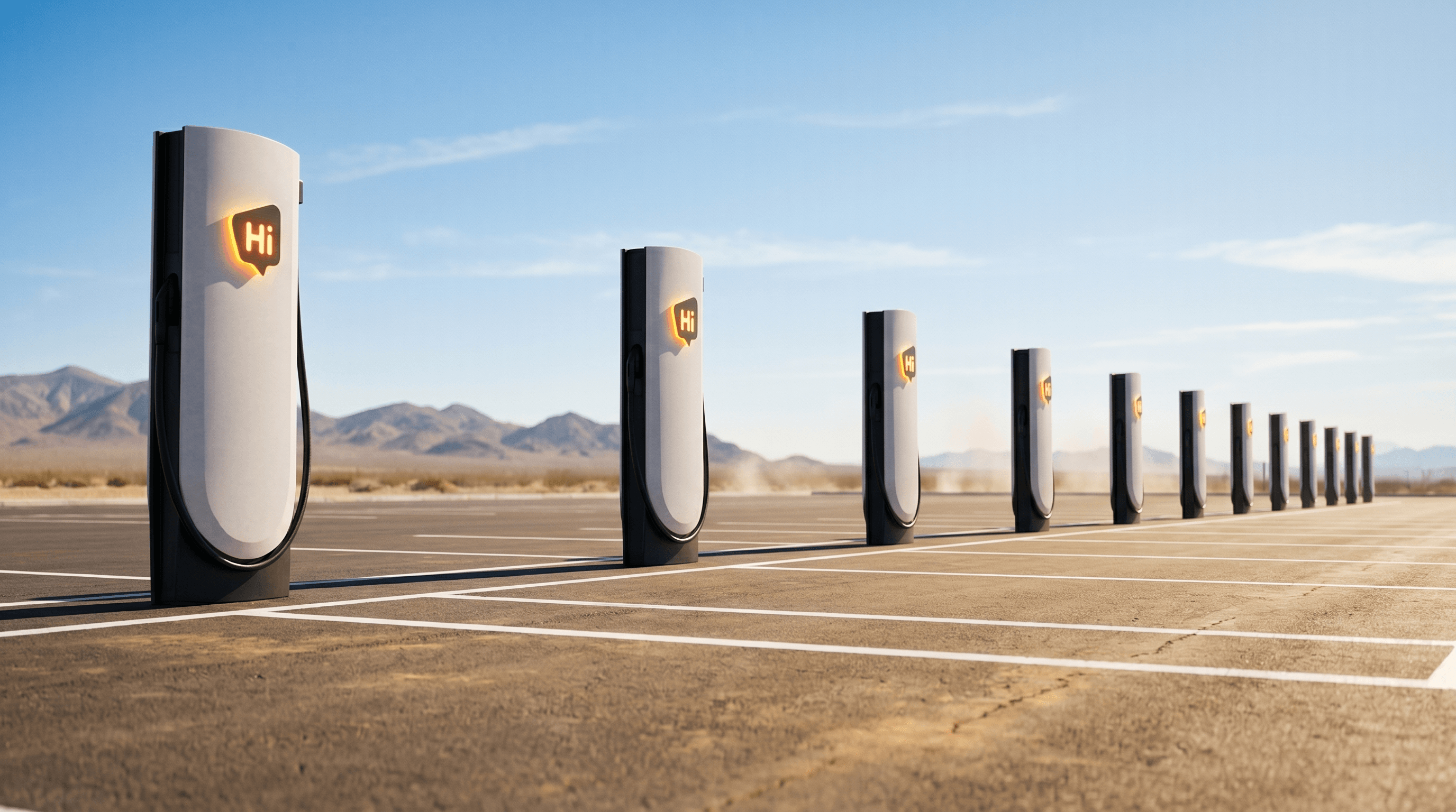 A long row of HiON pillars receding across an open desert plain